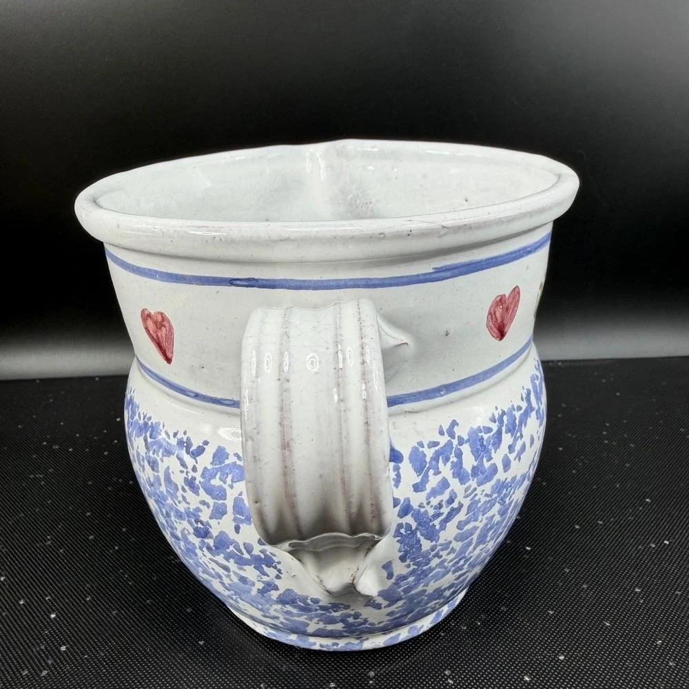 Vintage MM Portugal Hand Painted Terracotta Pitcher Blue‎ Sponge Heart Folk Art